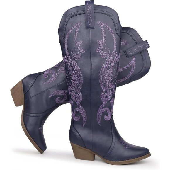 Shoes - Women's Purple Faux Leather Pointed Toe and Block Heel Classic Embroidered Boot